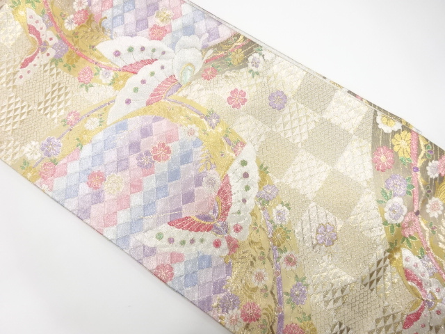 蝶に桜・変わり市松模様織り出し　振袖用袋帯